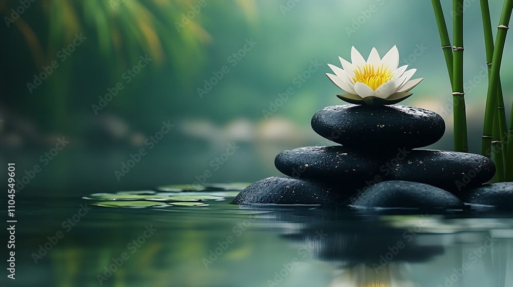 Poster peaceful zen garden with water lily on stone stack reflection in pond : generative ai