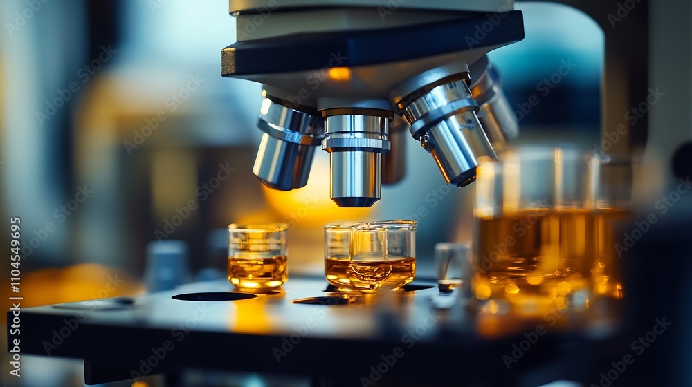 Poster advanced microscopic view focusing on scientific glassware : generative ai