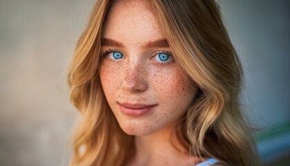 closeup of a beautiful woman with freckles blonde hair and bright blue eyes