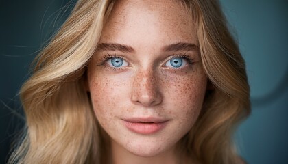 closeup of a beautiful woman with freckles blonde hair and bright blue eyes