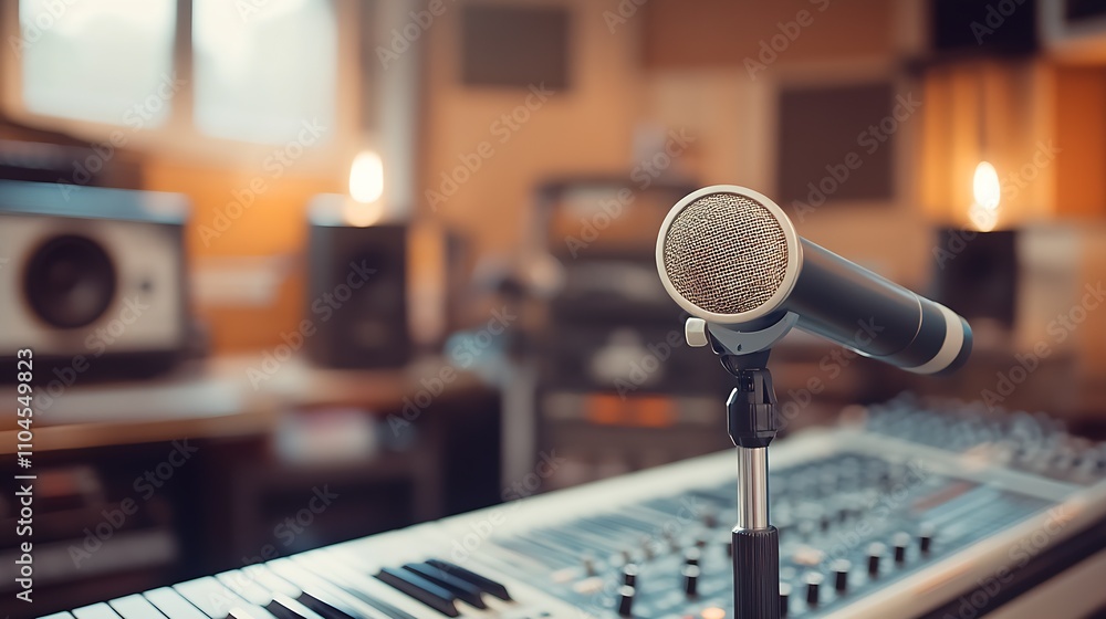 Aufkleber close up of microphone on piano in cozy recording studio with soft ambient lighting : generative ai