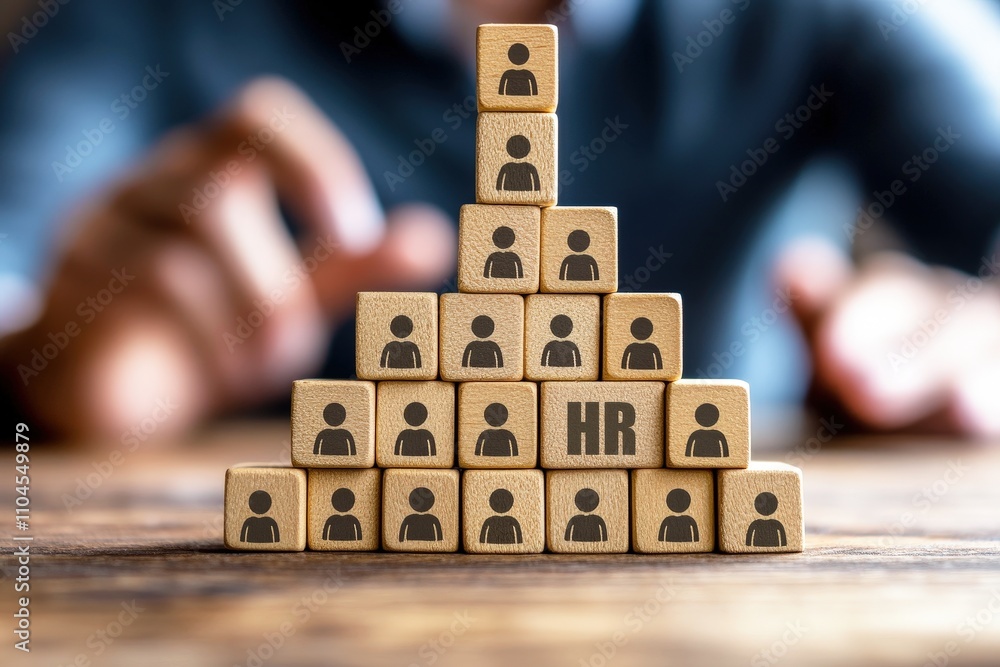 Poster stacked wooden blocks representing human resources and organizational structure in a business enviro