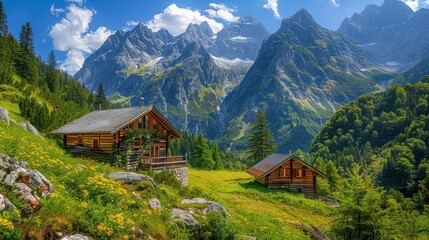 Scenic view of rustic cabins nestled in lush green valley with majestic mountains.