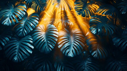 A vibrant display of tropical leaves illuminated by soft, warm light.