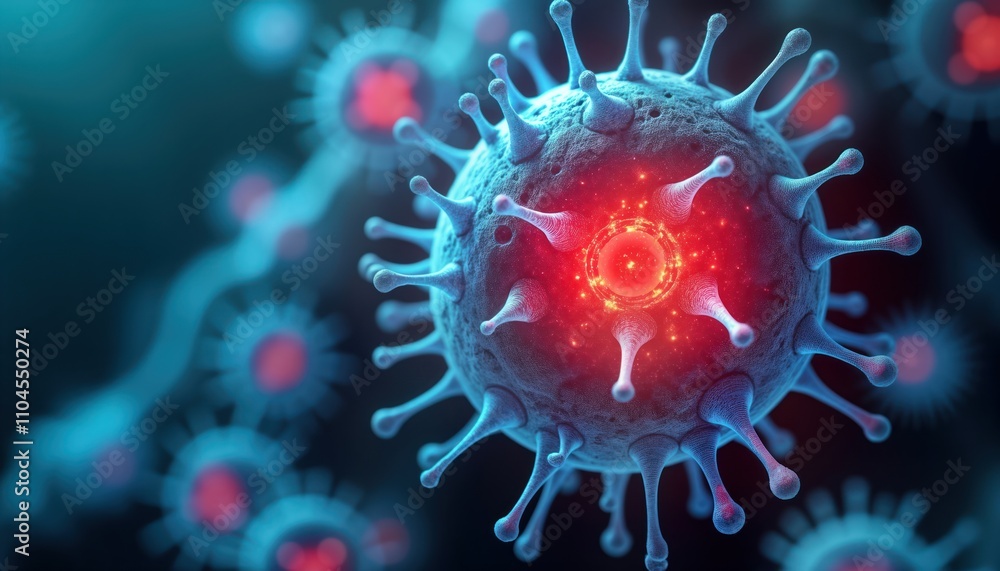 Poster Macro view of virus particle. Virus structure with complex details visible. Scientific illustration, possible use for biological research. Closeup of virus in body. Represents microbiology, science.