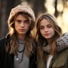 Fototapeta premium two young people, a guy and a girl, standing next to each other against the backdrop of a forest landscape. 