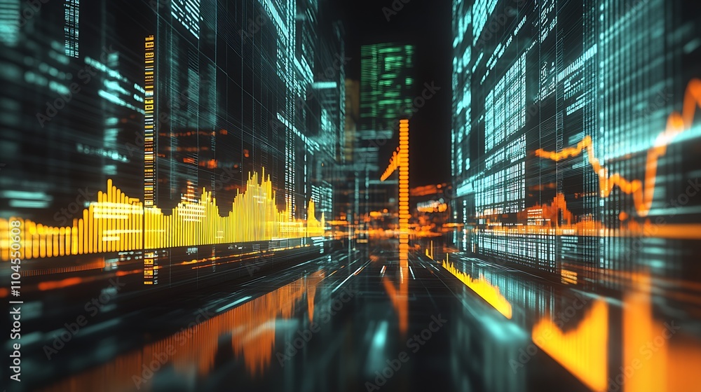 Aufkleber futuristic cityscape with digital financial data and graphs in neon lights : generative ai