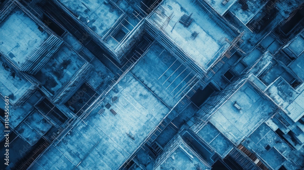 Aufkleber aerial view of a construction site showcasing concrete structures and scaffolding.