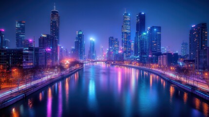 Naklejka premium Vibrant city skyline at night reflecting on a river.