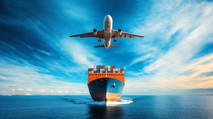 Obraz premium Harmonious Coexistence of Airplane and Ship in a Grand Ocean and Sky Panorama : Generative AI