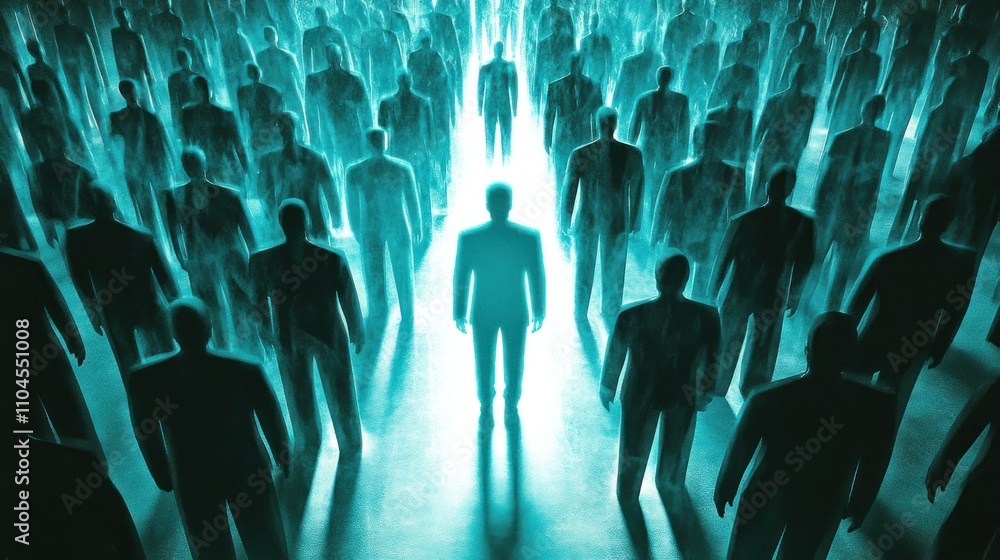 Poster a surreal depiction of a crowd of shadowy figures with one illuminated in the center.