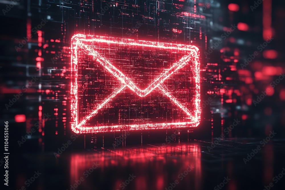 Poster glowing red neon email icon on black tech wall background : generative ai