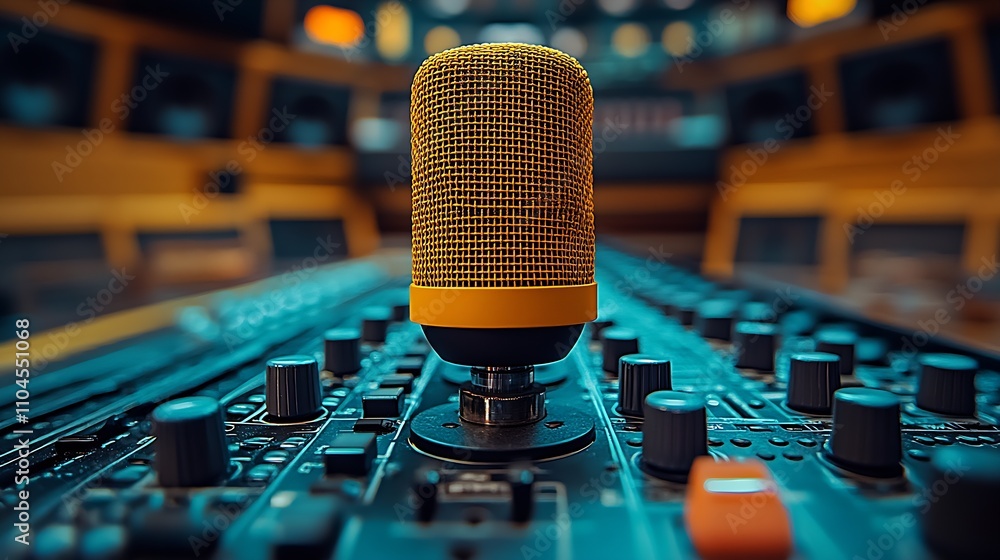 Poster Retro Styled Microphone on Mixing Console in Professional Music Studio : Generative AI