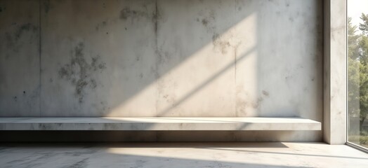 Empty concrete shelf against textured concrete wall. Sunlight casts shadows on surface. Indoor scene. Modern style. Minimalist design. Empty space for product display. Interior. Great background for