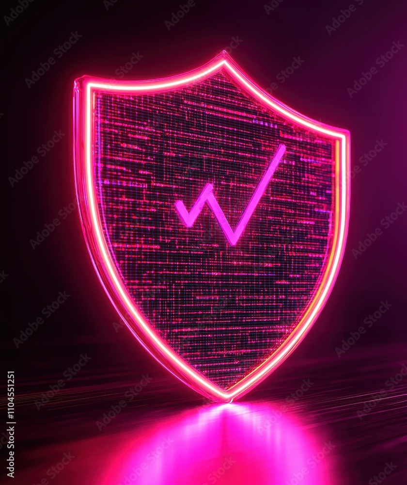 Poster protection against hacking and cyber attacks concept. a glowing pink shield with a check mark.