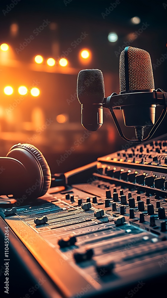 Poster High-tech sound studio setup with dual studio microphones and mixing console under warm lighting : Generative AI