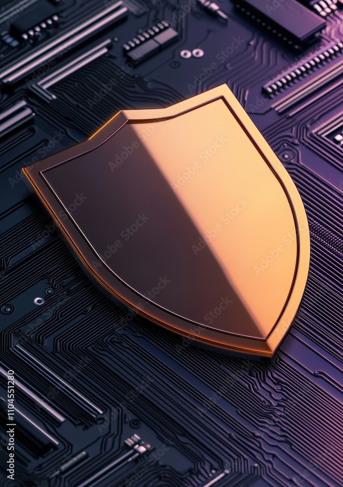 Poster protection against hacking and cyber attacks concept. a stylized shield rests on a dark circuit boar