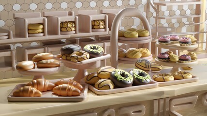 A display of donuts and croissants in a bakery attracts customers