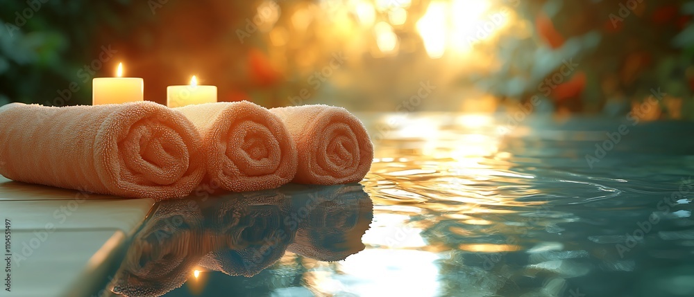 Poster Tranquil Spa Scene with Towels and Candles Reflecting in Pool at Sunset : Generative AI