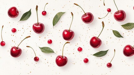 Pattern of falling cherries, scattered creatively on white, stems and leaves adding texture, playful and fresh design