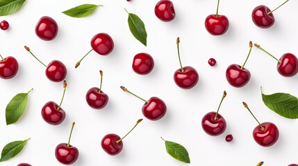 Pattern of falling cherries, scattered creatively on white, stems and leaves adding texture, playful and fresh design
