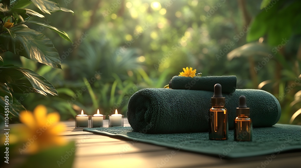 Poster Tranquil Spa Environment with Towels Candles Aromatherapy Bottles in Nature-Inspired Setting : Generative AI