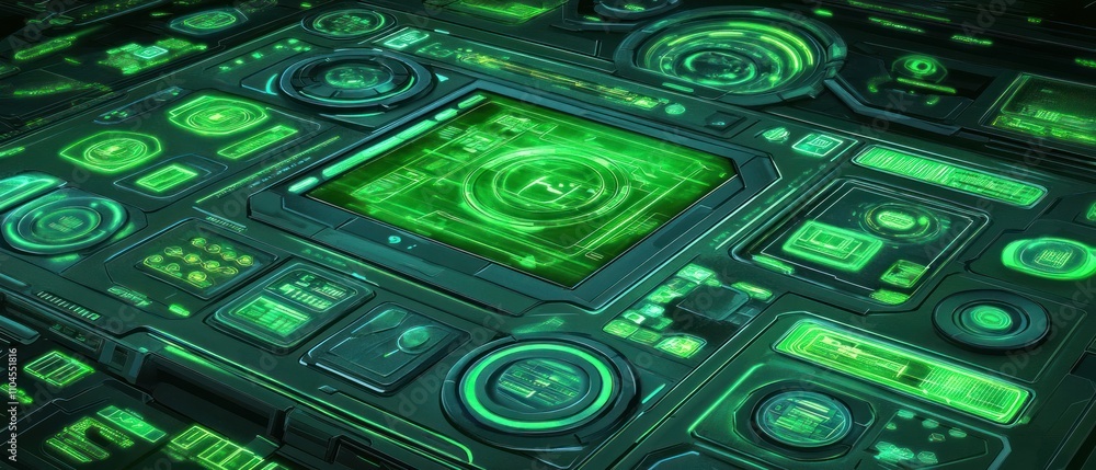 Poster a futuristic digital interface with green holographic displays and controls.