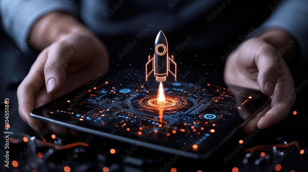 Poster innovative technology launch digital workspace graphic design futuristic environment close-up view c