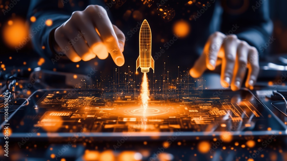 Poster rocket launch simulation digital technology interactive experience futuristic environment close-up v