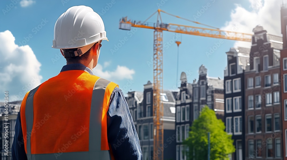 Poster construction worker oversees urban renewal project with towering crane and sky view : generative ai