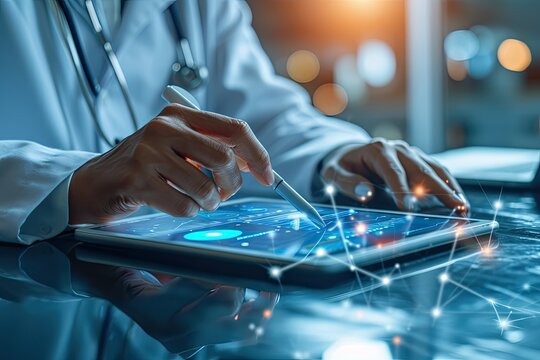 healthcare business graph and data of medical business growth, medical hub on global network, Businessman touch and analyzing data growth of investment, financial and banking, health business report