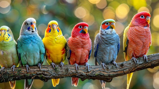 Colorful parrots perched on a branch in a vibrant natural setting during the day