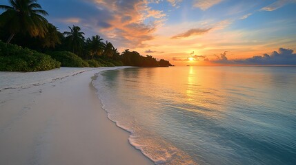 Tropical sunset beach scene with palm trees, soft waves, and golden light.