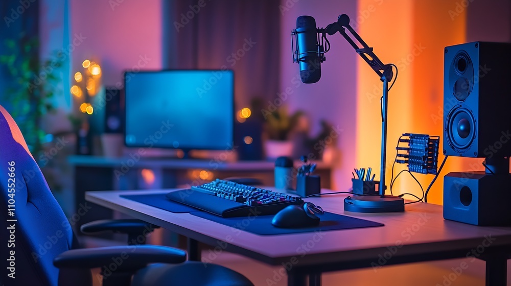 Poster Modern Home Podcast Studio Setup with Microphone Keyboard and Speaker at Night : Generative AI