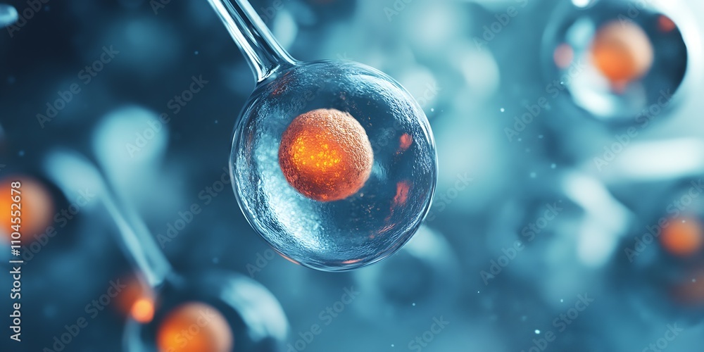 Poster Detailed view of a single cell with glowing nucleus under a microscope highlighting research in biology and science : Generative AI