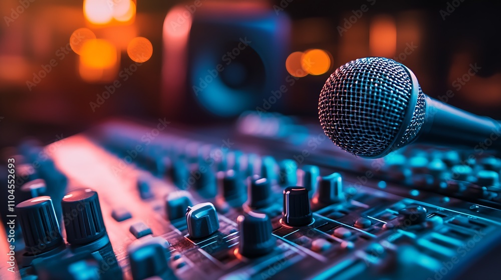 Aufkleber Dynamic close up of professional microphone and mixing console illuminated by vibrant studio lighting : Generative AI