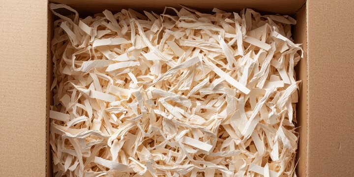 Packing shredded paper for shipping home office product preparation indoor close-up sustainability focus