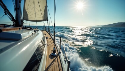 Luxury yacht sailing on open ocean under bright sunny sky. Powerful vessel moves through waves. Sea calm, blue. Modern nautical design. Ocean travel concept. Elegant ship, perfect vacation