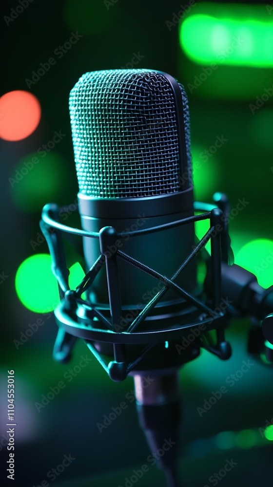 Poster Dynamic Studio Microphone with Vibrant Green Neon Backdrop for Audio Production : Generative AI