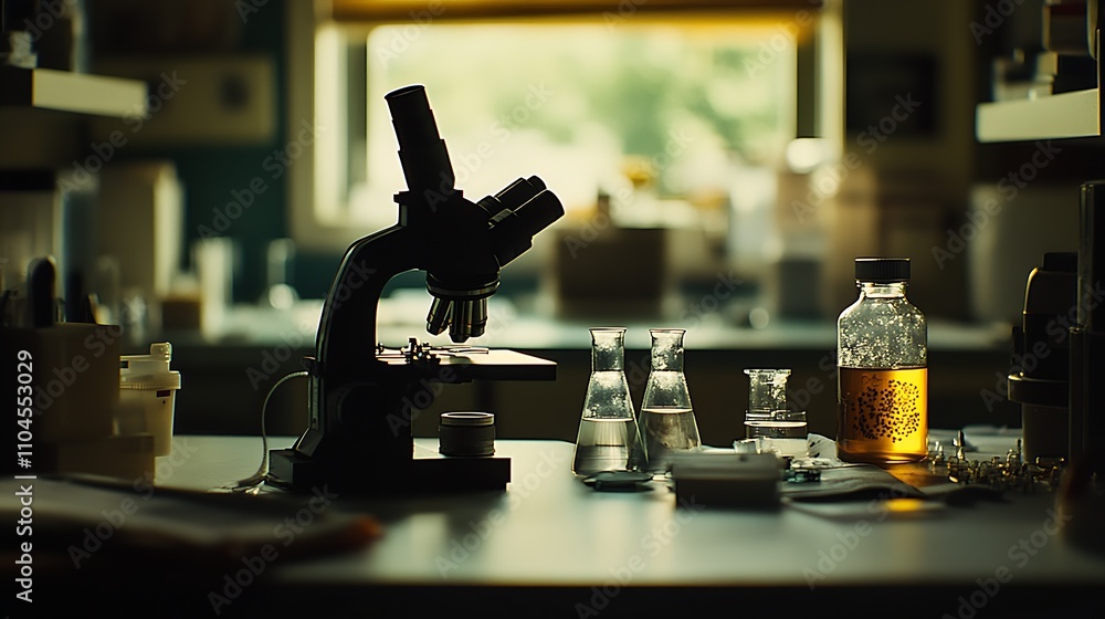 Poster Laboratory Setup with Microscope and Glassware at Dawn : Generative AI