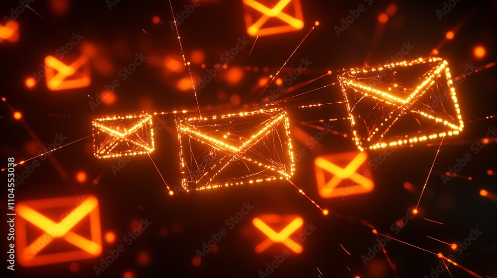 Aufkleber Abstract Digital Email Communication Network with Orange Glows and Dynamic Lines : Generative AI