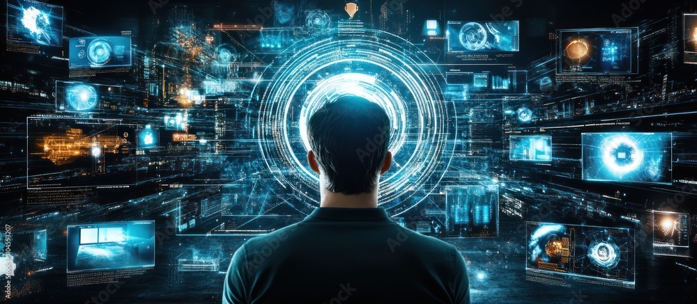 Poster a person interacts with futuristic holographic displays in a tech-driven environment.