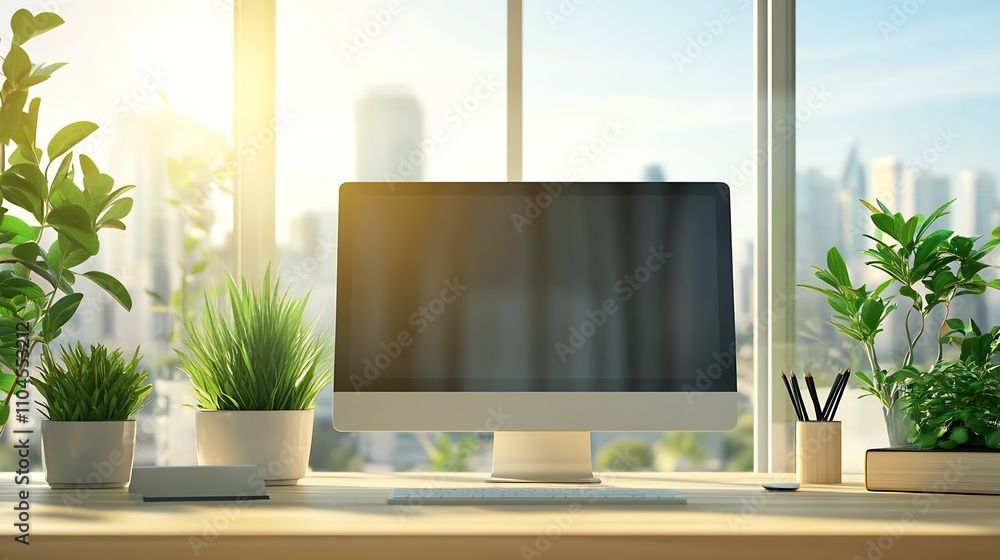 Poster modern desk with desktop computer and indoor plants overlooking urban skyline at sunset : generative
