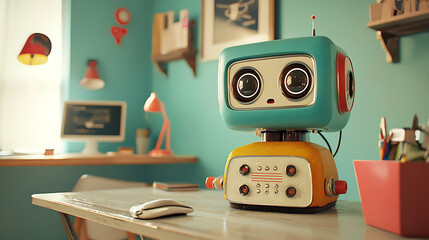 retro inspired robot sits on desk in colorful workspace, showcasing blend of vintage design and modern technology. cheerful atmosphere enhances creativity