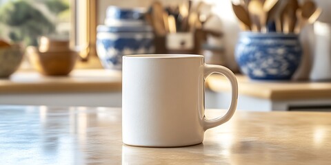 Fototapeta premium White Ceramic Mug on a Cozy Kitchen Counter with Sunlight : Generative AI