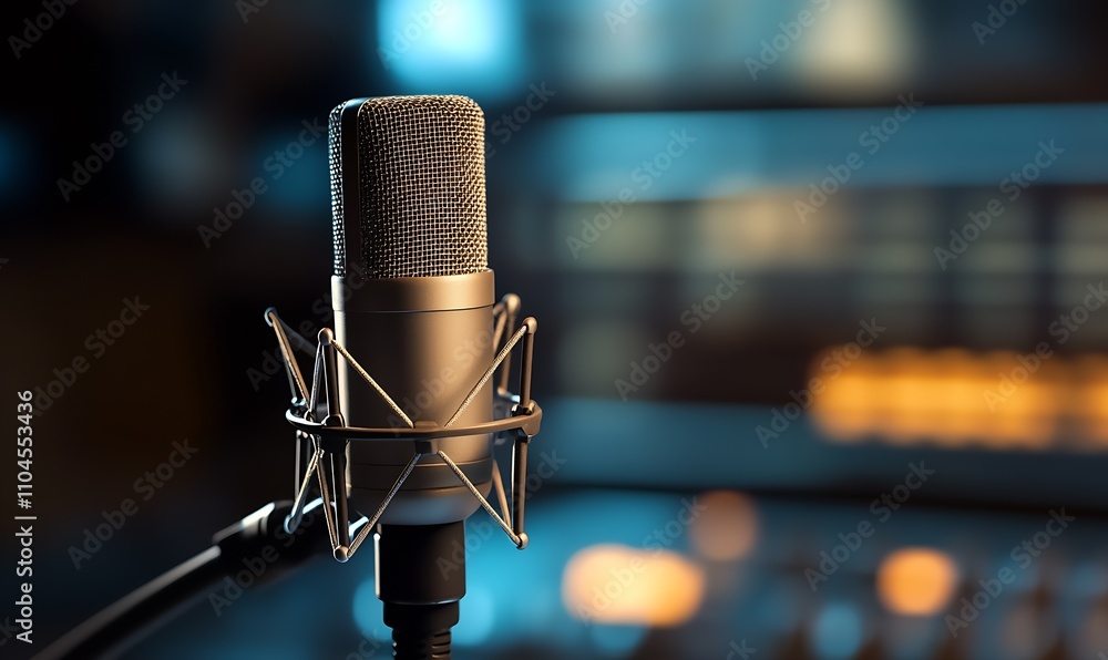 Aufkleber Studio Microphone with Colorful Lighting in a Modern Radio Broadcast Environment : Generative AI