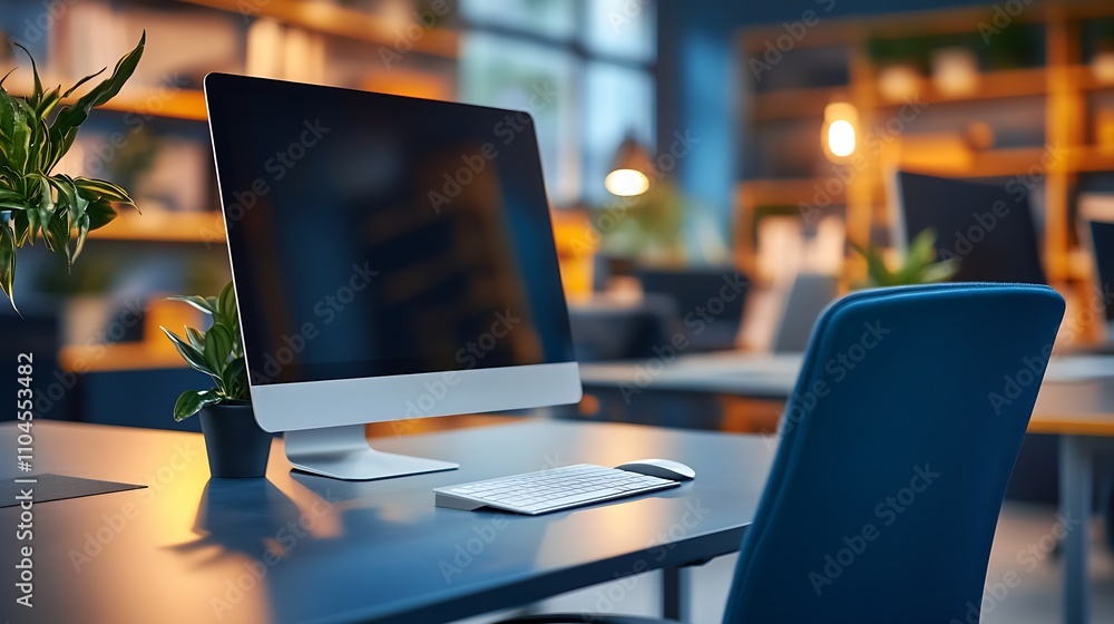 Poster Modern ergonomic office workspace with computer and natural light : Generative AI