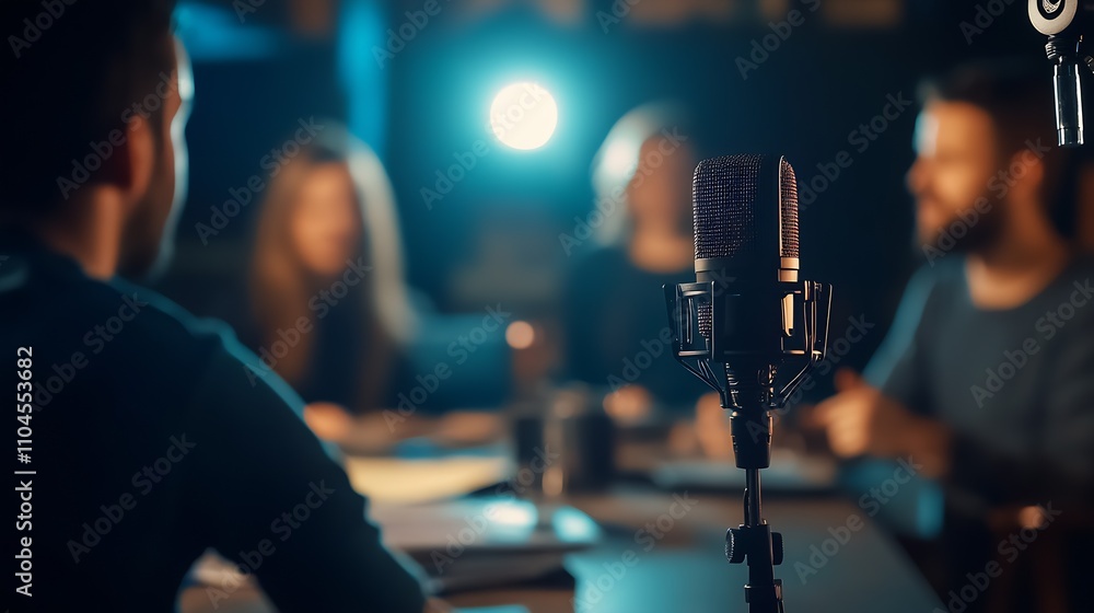 Poster Collaborative Podcast Recording with Dynamic Team and Highlighted Microphone Setup : Generative AI
