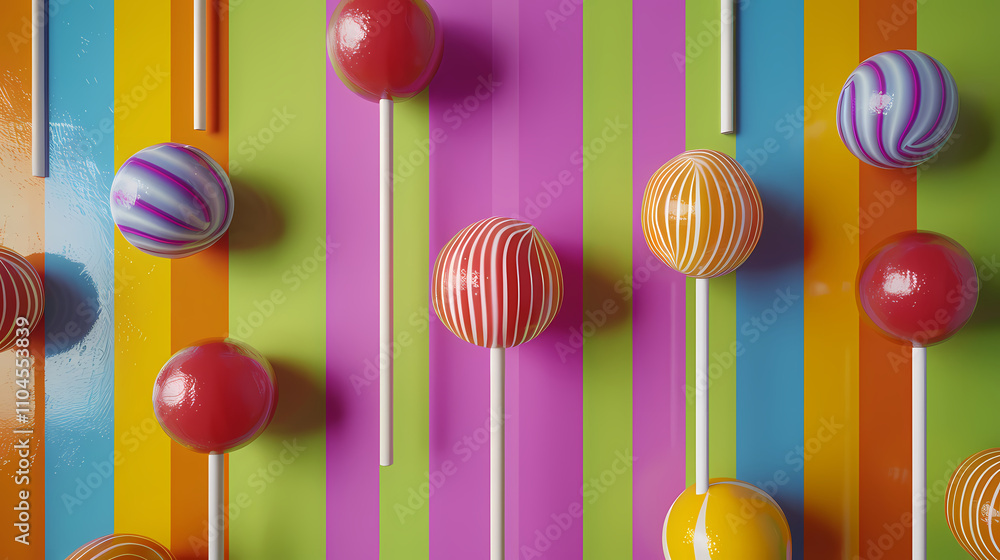 Poster candylicious stripes: a vibrant array of colorful lollipops, each with its unique swirl pattern, arr