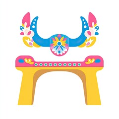 Colorful stylized bridge illustration with floral design elements.
